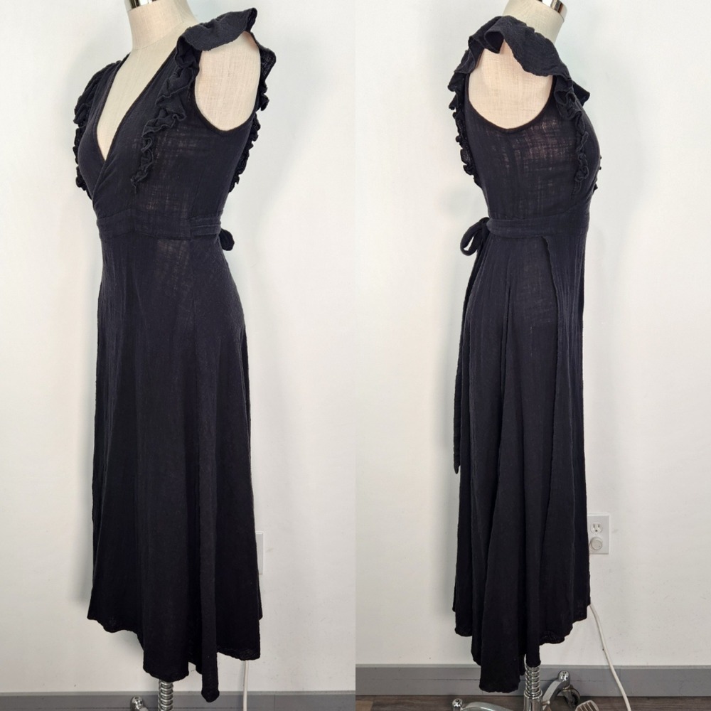 Subtropicalia Vera Black Ruffle Wrap Midi Dress M Textured Gauze‎ Sleeveless - Picture 2 of 11